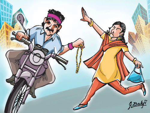 The spectre of chain-snatching returned to haunt women in the City. The bike-borne chain-snatchers targeted as many as four women in western part of Bengaluru on Friday.  DH illustration