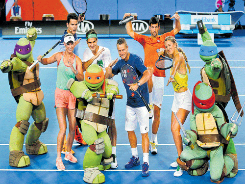 fun before action (From left) Caroline Wozniacki, Milos Raonic, Roger Federer, Lleyton  Hewitt, Novak Djokovic and Victoria Azarenka do a jig during Kids Day ahead of the Australian Open in&#8200;Melbourne on Saturday. reuters