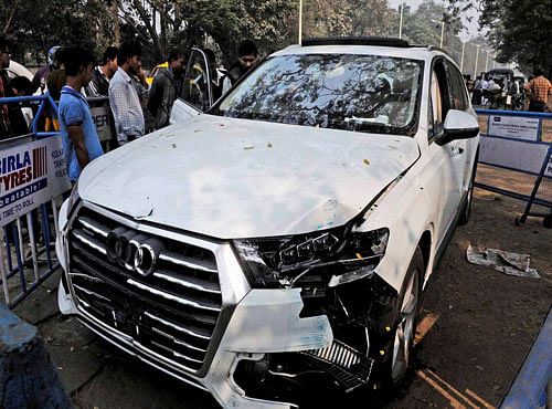 The Audi car that broke three barricades before entering into Red Road and killing an Air Force airman who was participating in a rehearsal for the upcoming Republic Day on Wednesday. PTI Photo