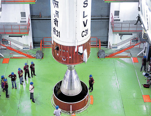 Close-up view of PSLV-C31 Integration at the Satish Dhawan Space Centre (SDSC) about 90 km north of Chennai. DH Photo