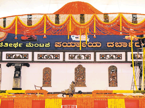 udupi calling: The dais on the premises of the Krishna Mutt in Udupi, where the Paryaya durbar will take place in the early hours of Monday.dh Photo.