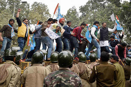Youth Congress workers during a protest against the Ministry of Human Resource Development in New Delhi on Tuesday, over the suicide of Dalit student Rohith Vemula at University of Hyderabad. PTI