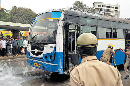A BMTC bus which caught fire at the Kempegowda Bus  Station in the City on Tuesday. There were no casualties. KPN