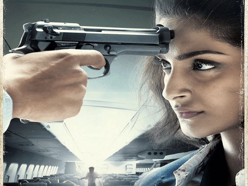 Sonam's character is seen being held at gunpoint, but she is seen standing with an undaunted streak, staring at the attacker whose face is yet to be revealed. Image courtesy Twitter.