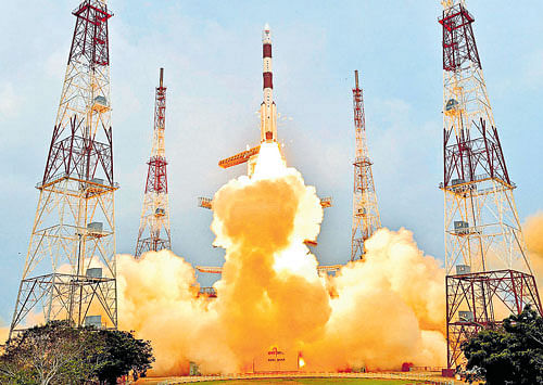 new high: Indian Space Research Organisation's PSLV-C31 carrying IRNSS-1E takes off during its launch from Satish Dhawan Space Centre in Sriharikota on Wednesday. PTI