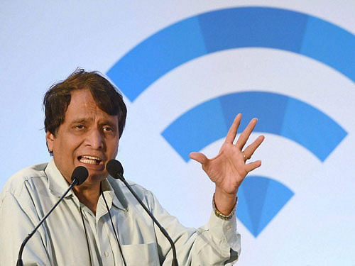Union Railway Minister, Suresh Prabhu addresses during the inauguration of the free Wi-Fi service at Mumbai Central Station in Mumbai on Friday. PTI Photo