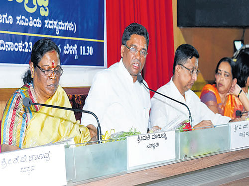 Expert Committee on Prevention of Violence and Sexual Abuse of Women and Children  Chairman V&#8200;S&#8200;Ugrappa chairs a review meeting in ZP hall in Mangaluru on Saturday. DH photo