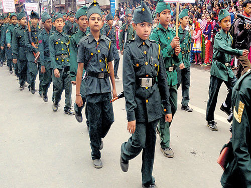 Hundreds of students participate in the rally that went through the streets of Agartala on the birth anniversary of Subhas Chandra Bose on Saturday. Papan Das