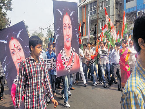 National Students Union of India workers take part in the 'Chalo HCU rally' on Monday. DH photo
