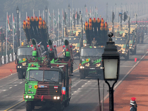 Indian army's mechanised columns on display at the Rajpath during the full dress rehearsal for the Republic Day parade, in New Delhi on Saturday. PTI Photo.