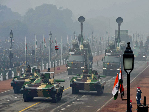 Mechanised columns on display during the 67th Republic Day parade at Rajpath in New Delhi on Tuesday. PTI Photo