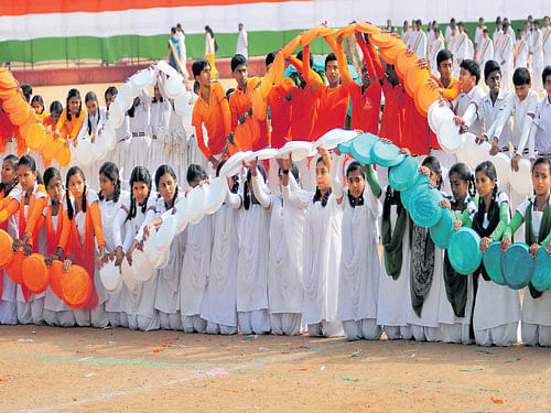 Students in the tricolour formation during the celebrations. DH photo