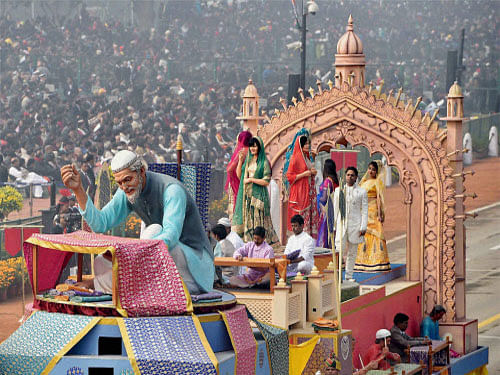 The tableau of Uttar Pradesh depicting embroidery works of the state during the 67th Republic Day parade at Rajpath in New Delhi. PTI