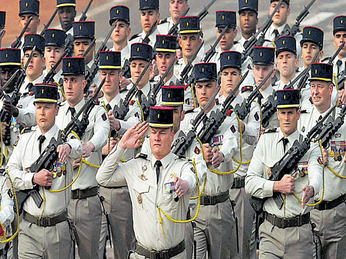 A French army contingent marches during the 67th Republic Day parade at Rajpath in New Delhi on Tuesday. PTI