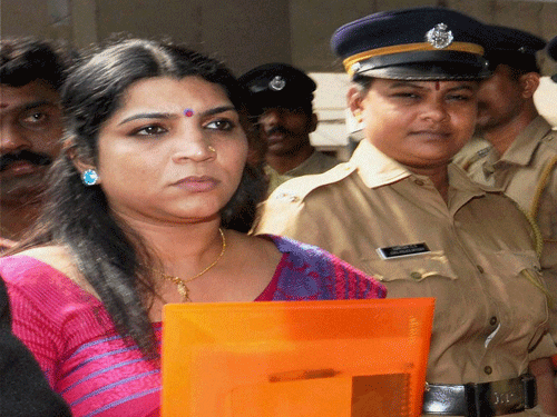 Solar scam accused Saritha S Nair arrives at Solar commission office in Kochi on Thursday. PTI Photo.