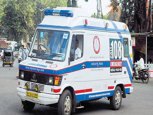 As many as 48 ambulances, which are part of the '108' Arogya Kavacha scheme, stayed off roads in Bengaluru on Thursday. DH photo