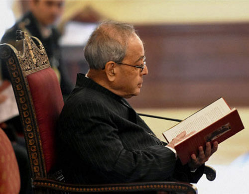 President Pranab Mukherjee reading excerpts from his memoir 'The Turbulent Years: 1980-96' during its release at Rashtrapati Bhavan in New Delhi on Thursday. PTI Photo