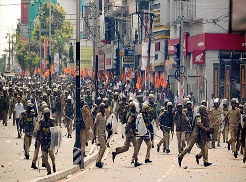 Police in action during a protest by DYFI members in Thiruvananthapuram on Friday. PTI Photo