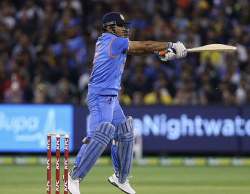 Mahendra Singh Dhoni batting against Australia during their T20 cricket match at the Melbourne Cricket Ground Reuters