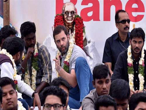 Congress Vice President Rahul Gandhi with students at University of Hyderabad during a protest over Rohit Vemula's death in Hyderabad on Saturday. PTI Photo.