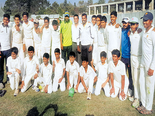 champions: Delhi Public School, East, winners of the inter-school under-14 (Div I) tournament. STANDING (From left): Prutnvi, Madavan SR, Sridhar (assistant coach), Gautham (wk), Smayan, Shray Singh, Yashwant (captain), Raja Ram S (manager), Mansoor Ali Khan (Board of Management), Manjunanth Reddy (coach), Sharan, Tushar K, Saurav. Sitting: Jaya Desai, Sankarshana, Aakush, Shashank, Tanmay, Adhitya M, Tushar, Gagan Deep.