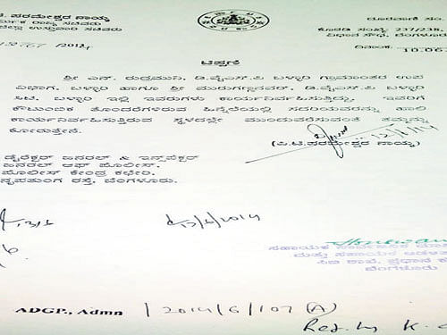 One of the letters sent by Minister P T&#8200;Parameshwar Naik, recommending transfers or retention of police  officers. dh photos