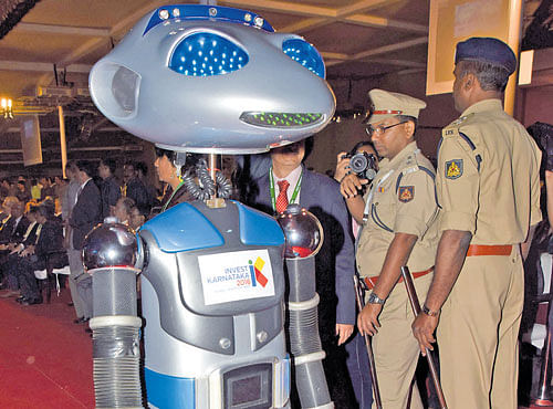 The robot that was used during the inaugural ceremony of Invest Karnataka in Bengaluru on Wednesday. DH PHOTO