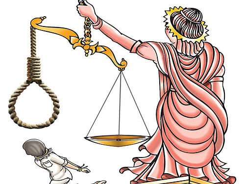 Judge Partha Sarathi Mukhopadhyay slapped death penalty on the 11 accused for shooting to death Aparna Bag on November 23, 2014. DH illustration