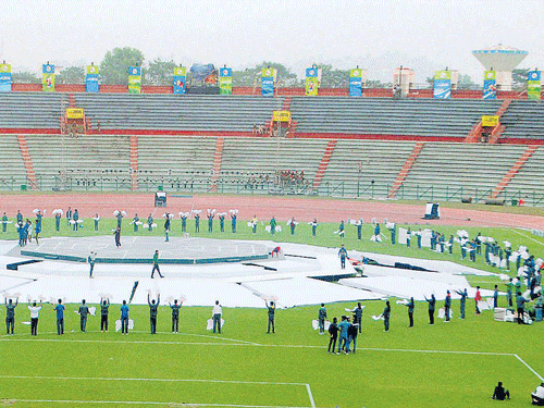 gearing up: The Indira Gandhi Stadium will be the main venue of the 12th edition of the South Asian Games, starting in Guwahati on Friday. PTI