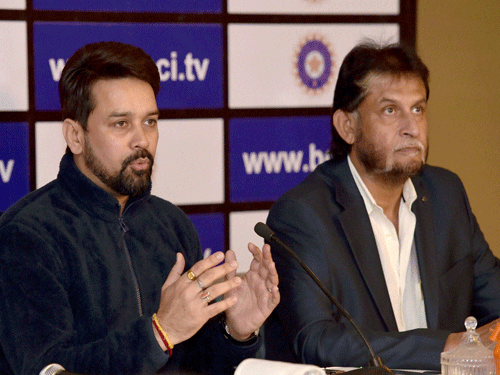 BCCI secretary Anurag Thakur along with chief selector Sandeep Patil addressing the media after a selection committee meeting to pick the Indian squad for T20 World Cup and Asia Cup tournaments, in New Delhi on Friday. PTI Photo.