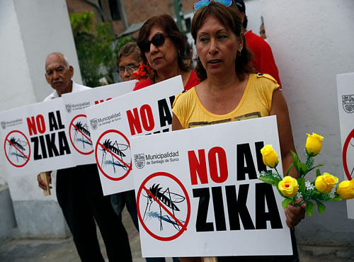 Residents of the Surco neighbourhood hold signs against Zika virus during a fumigation of the cemetery of Surco to prevent Zika virus and other mosquito-borne diseases in Lima. Reuters photo