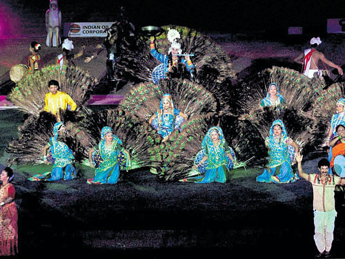 Artistes performduring the opening ceremony of 12th South Asian Games in Guwahati on Friday. PTI