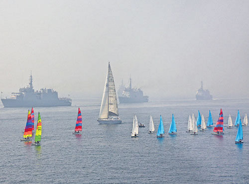 NATION'S PRIDE: Colourful scenes were witnessed on the last day of the full dress rehearsal ahead of Saturday's fleet review by President Pranab Mukherjee. DH PHOTO