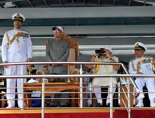 Mukherjee, the Supreme Commander of the Armed Forces, was accompanied by Prime Minister Narendra Modi and Defence Minister Manohar Parrikar, among others at the International Fleet Review (IFR). Photo credit: twitter