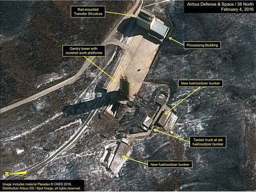 This satellite image provided by the U.S.-Korea Institute at the Johns Hopkins School of Advanced International Studies, shows the Sohae lauch facility on the west coast of North Korea, in Cholsan County, North Pyongan Province. North Korea says it has brought forward plans to launch a rocket and the event could now occur as early as tomorrow. PTI photo