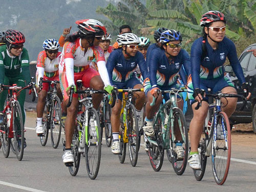 Cyclists on a 40 kms criterium race during 12th South Asian Games, in Guwahati on Sunday. PTI file  Photo