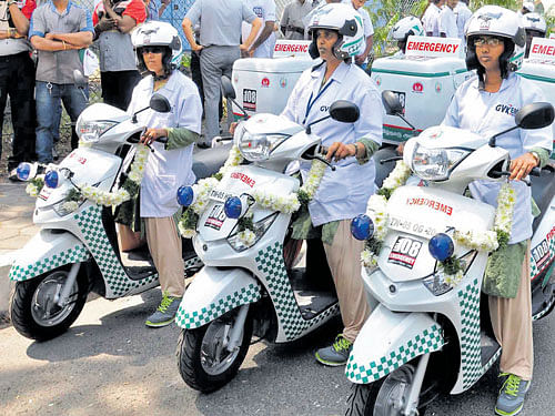 Life savers: Two-wheeler ambulance that will be operated by women paramedical staff in Tamil Nadu. DH&#8200;PHOTO