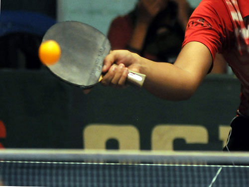 In the men's doubles final G Sathiyan and Devesh Karia defeated Amalraj and Sanil Shetty 11-1 11-8 11-6 for the second gold at the Jawaharlal Nehru Indoor Complex. DH File Photo for representation.