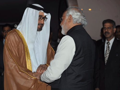 Crown Prince of Abu Dhabi Sheikh Mohammed bin Zayed Al Nahyan  and  Prime Minister Narendra Modi. Image courtesy Twitter.