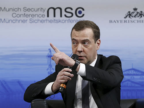Russian PM Medvedev answers question from audience at Munich Security Conference in Munich. Reuters
