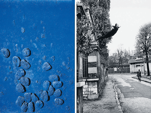 masterpieces Untitled blue sponge relief; (right) the iconic  'Leap Into The Void' photo.