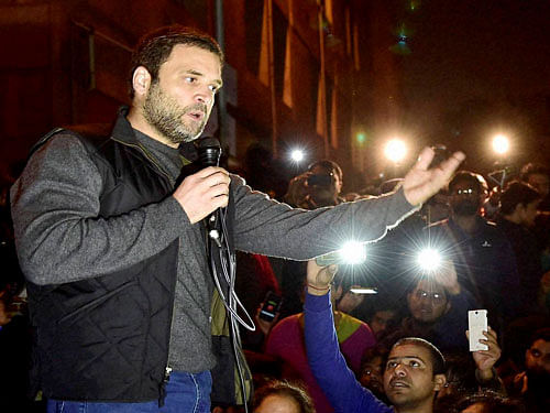 Congress vice president Rahul Gandhi addresses students of the Jawaharlal Nehru University (JNU) in New Delhi on Saturday. Gandhi went to the campus to meet the students protesting for the release of Student Union president Kanhaiya Kumar. PTI Photo