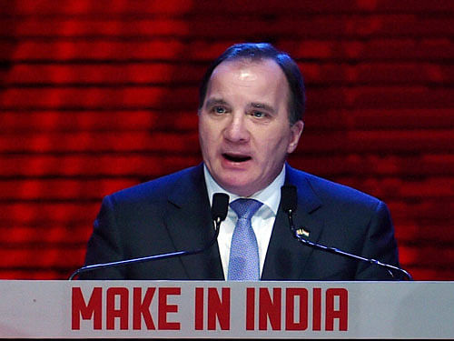 Prime Minister of Sweden Stefan Lofven addresses during the inauguration of the Make in India Week in Mumbai on Saturday. PTI Photo