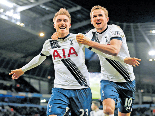 no stopping them Tottenham Hotspurs' Christian Eriksen  (left) celebrates with Harry Kane after scoring against  Manchester City on Sunday. Reuters