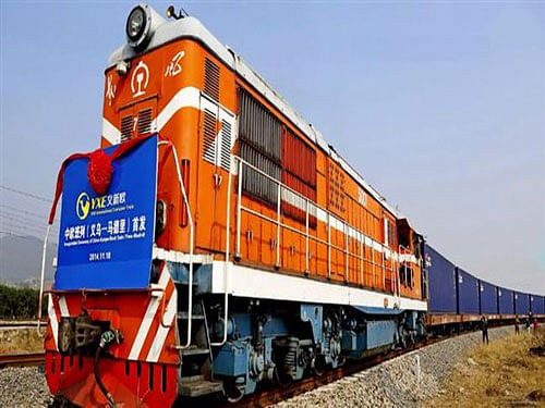 The train, carrying 32 containers of commercial products from eastern Zhejiang province, took 14 days to make the 9,500-kilometre (5,900-mile) journey through Kazakstan and Turkmenistan. Image courtesy: Twitter