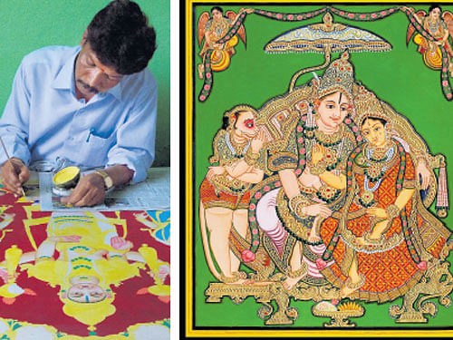 Artist K S Shreehari; painting 'Taraka Mantropadesha' by B P Ramakrishna. PHOTOS BY RAMSONS KALA PRATISHTANA, MYSURU