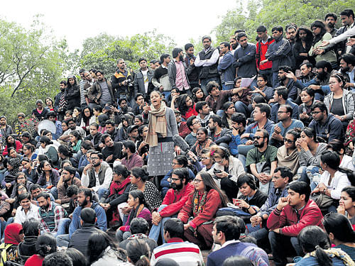 Power of youth: Students of JNU attend a protest meeting inside the university campus in New Delhi, on Monday. Reuters