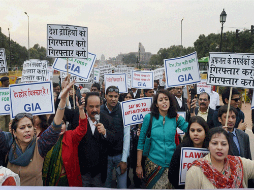Members of Group of Intellectuals and Academicians staging a protest march against recent incidents of alleged anti-national activities in JNU and Press Club of India, in New Delhi on Monday. PTI Photo.