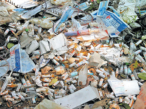 Many hospitals do not segregate biomedical waste, as per the colour-coded system, before disposal. DH FILE PHOTO