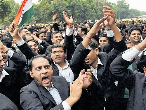 out in open: Lawyers march from Patiala House Courts to India Gate against anti-national activities at JNU, in New Delhi on Friday. PTI